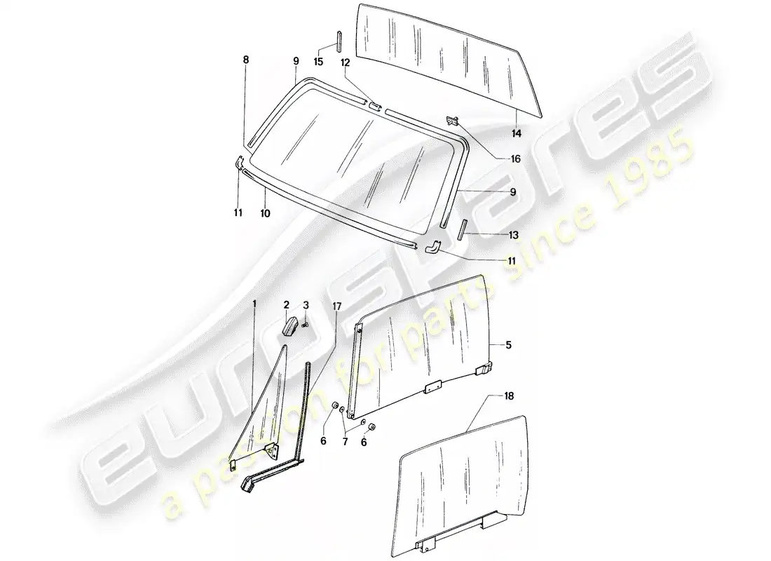 porsche 1975 (914) window glasses parts diagram