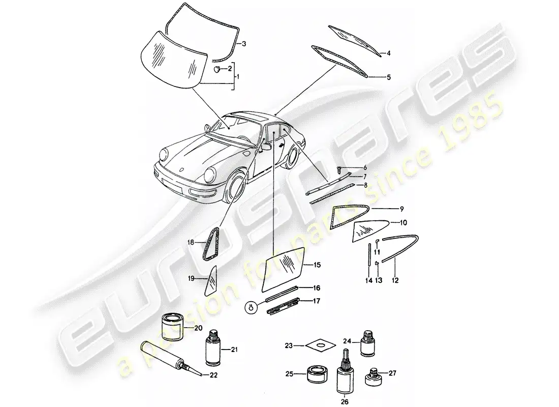 porsche 1991 (964) window glazing parts diagram