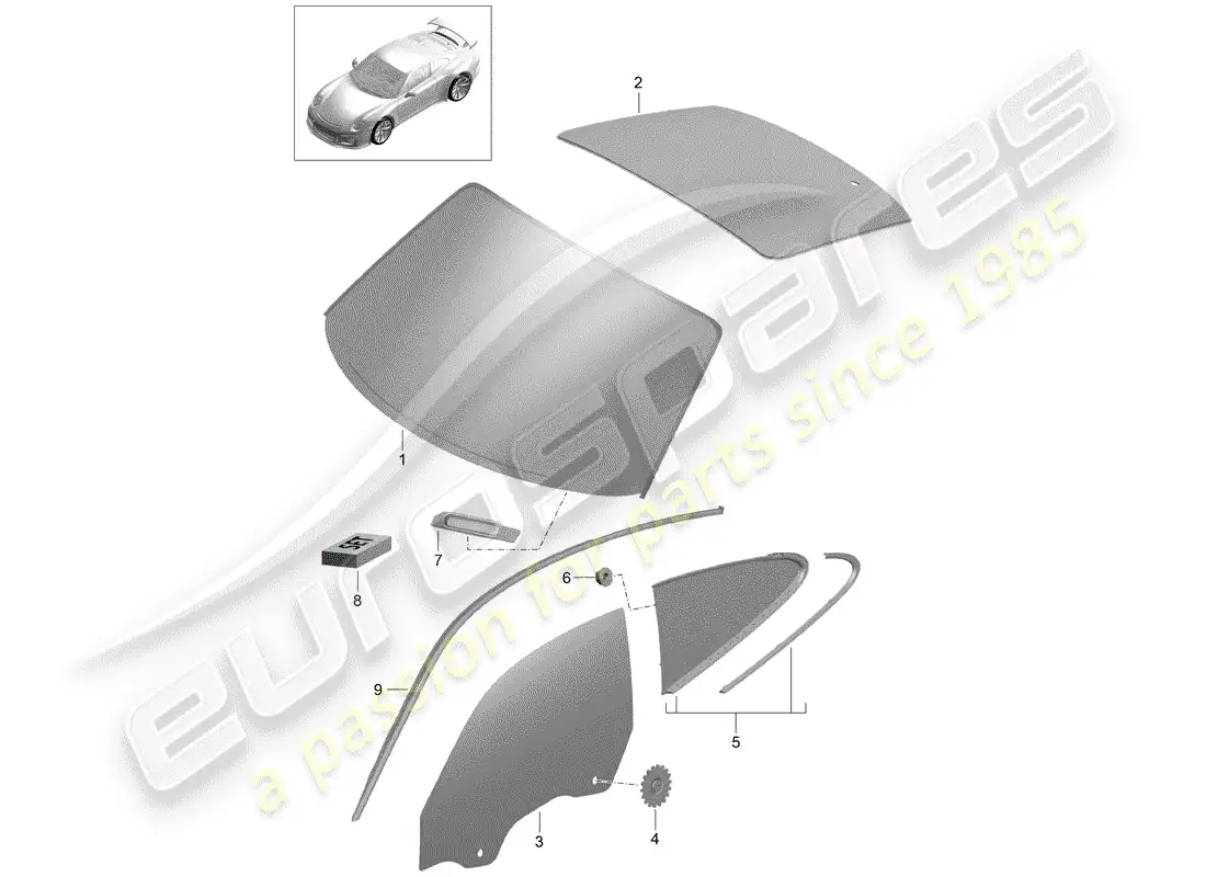 porsche 2017 (991-2 r/gt3/rs) window glasses parts diagram