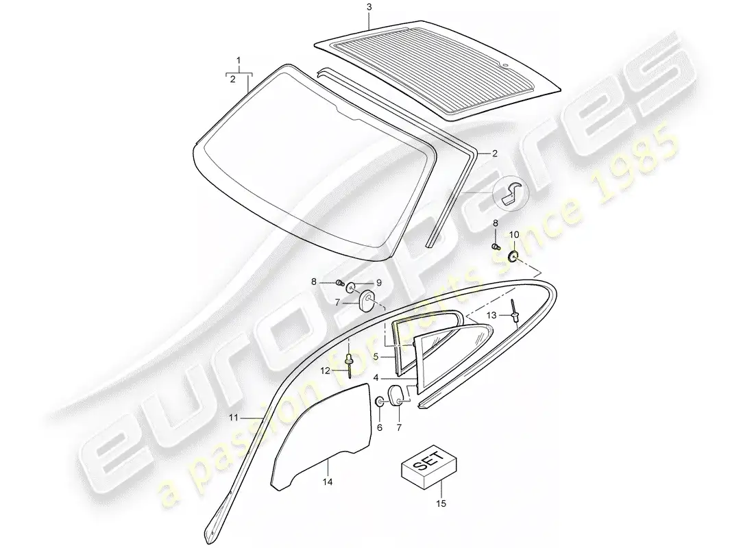 porsche 2011 (997-2 gt3) window glazing parts diagram