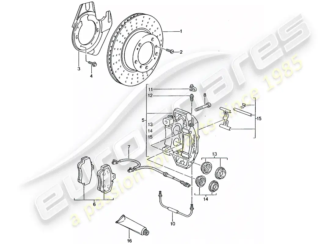porsche 2002 (996 gt3) disc brakes - front axle parts diagram