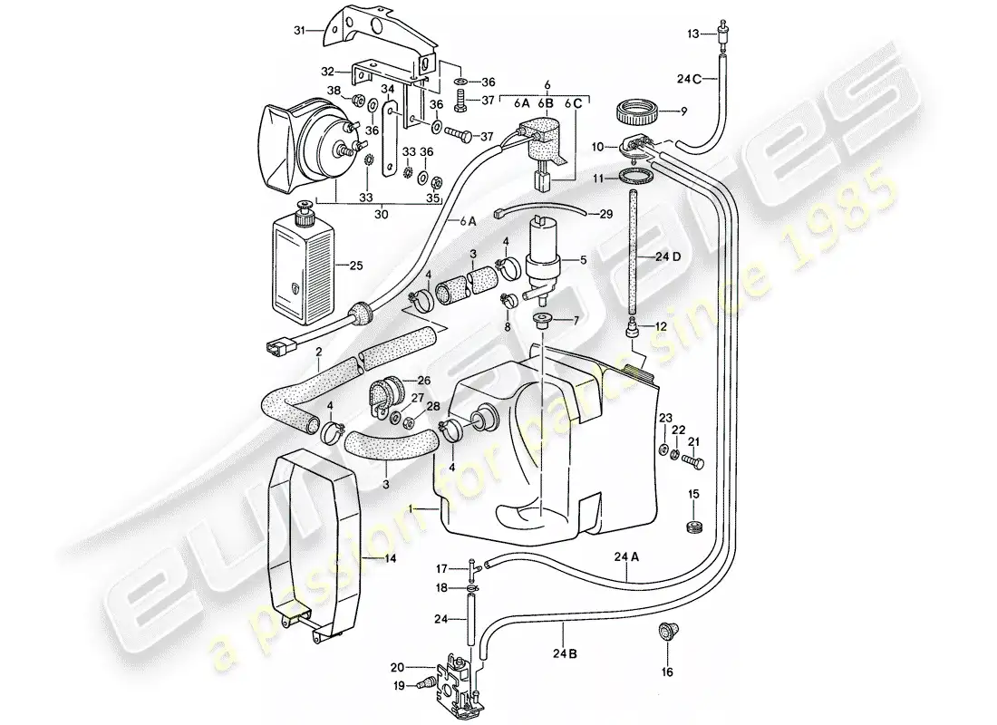 porsche 1987 (911) special model - flatnose design - windshield washer unit - horn parts diagram