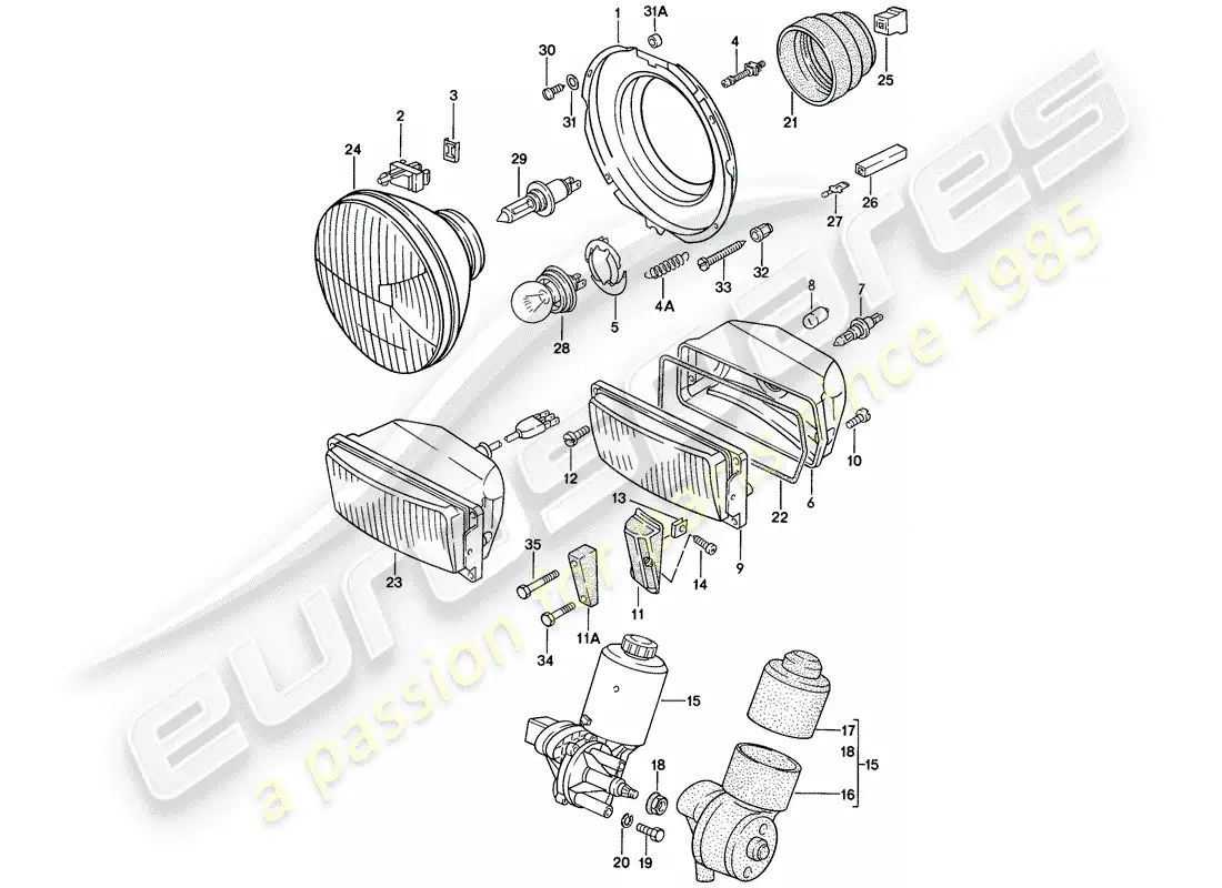 porsche 1978 (924) headlamp - electric motor - pop-up headlight parts diagram