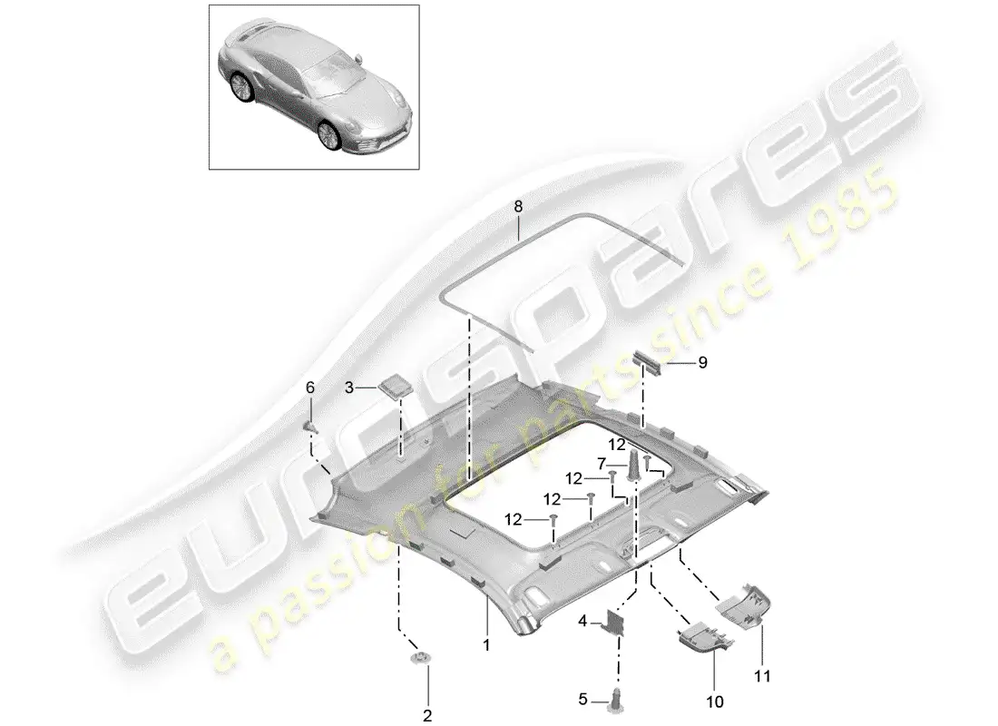 porsche 2016 (991-1 turbo) roof trim panel parts diagram