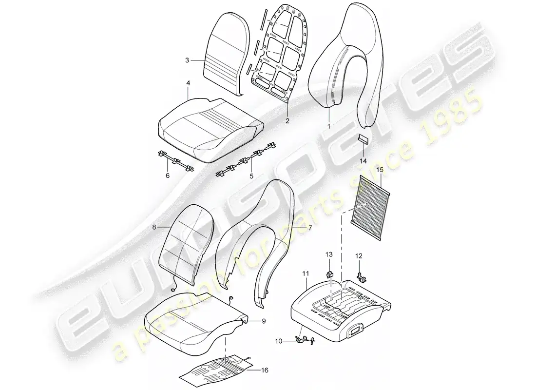porsche 1998 (996) backrest covers - seat covers - foam part - standard seat - comfort seat parts diagram