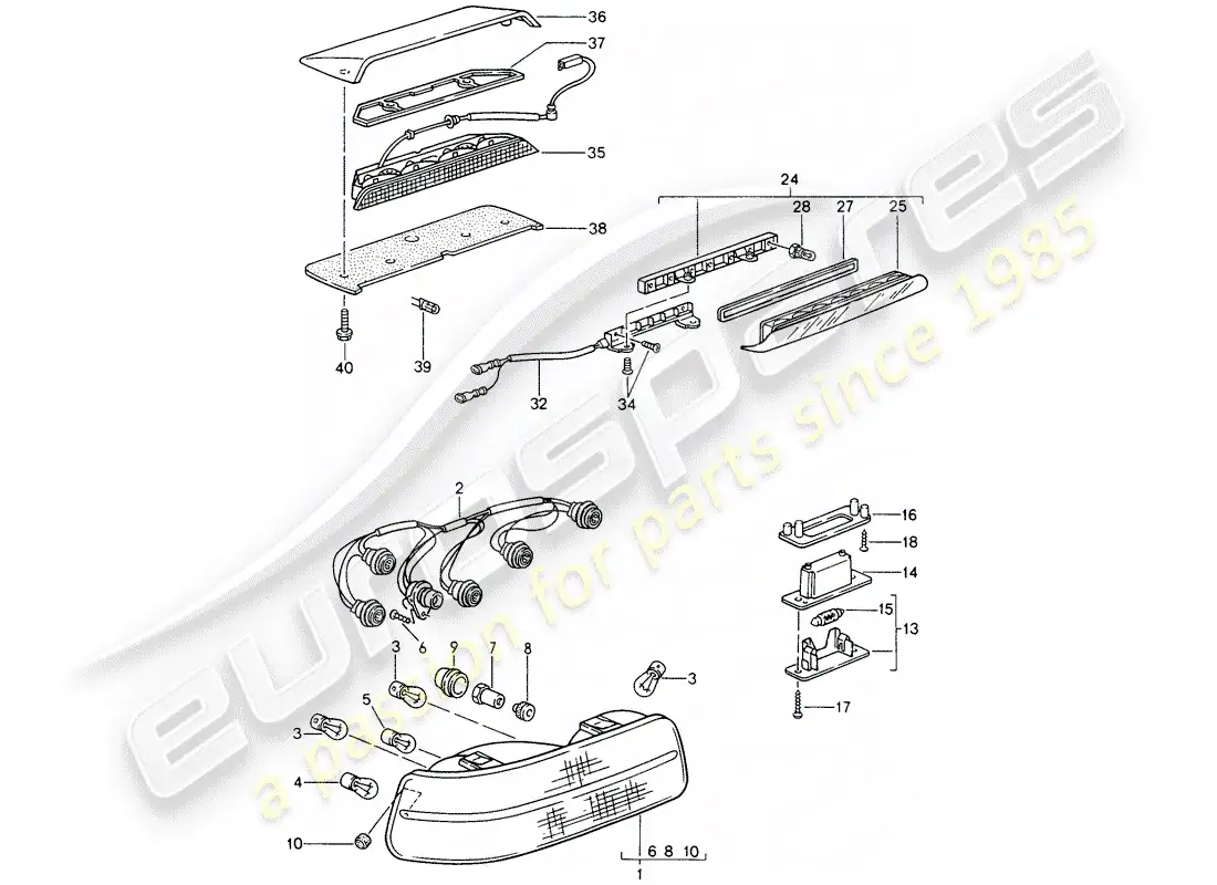 porsche 1993 (968) rear light - license plate light - additional brake light parts diagram
