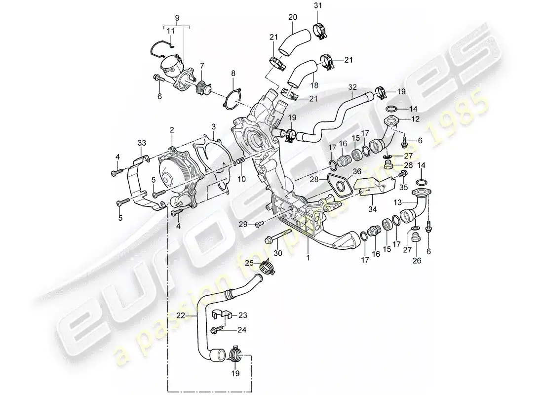 porsche 2009 997-2 turbo / gt2 water pump parts diagram