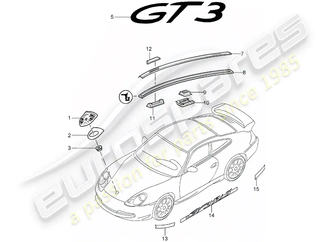 porsche 2005 (996 gt3) nameplates - moldings parts diagram