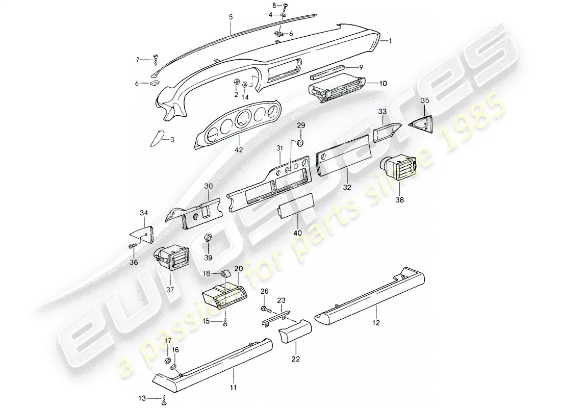 porsche 1990 (964) dashboard - knee pad trim - for cars without - airbag parts diagram
