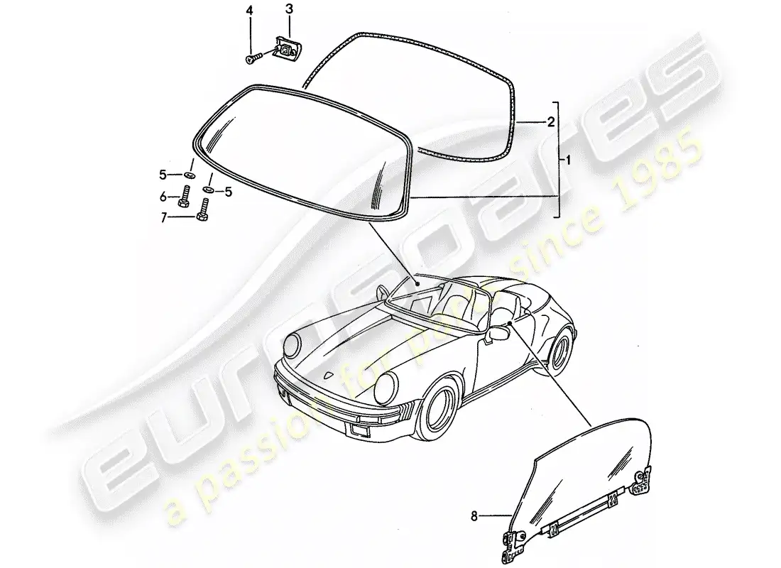 porsche 1987 (911) window glazing parts diagram