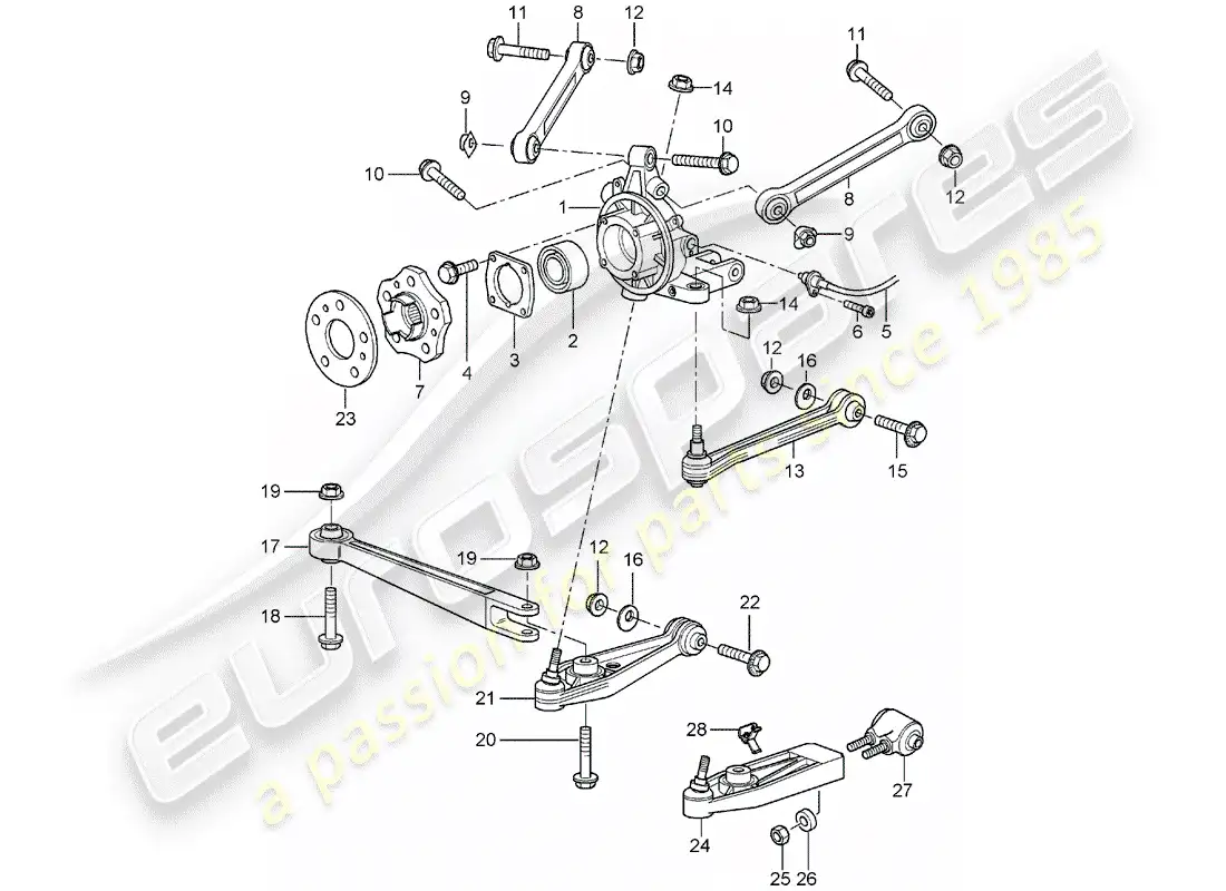 porsche 2002 (996 gt3) rear axle - wheel carrier - upper link - wheel hub parts diagram