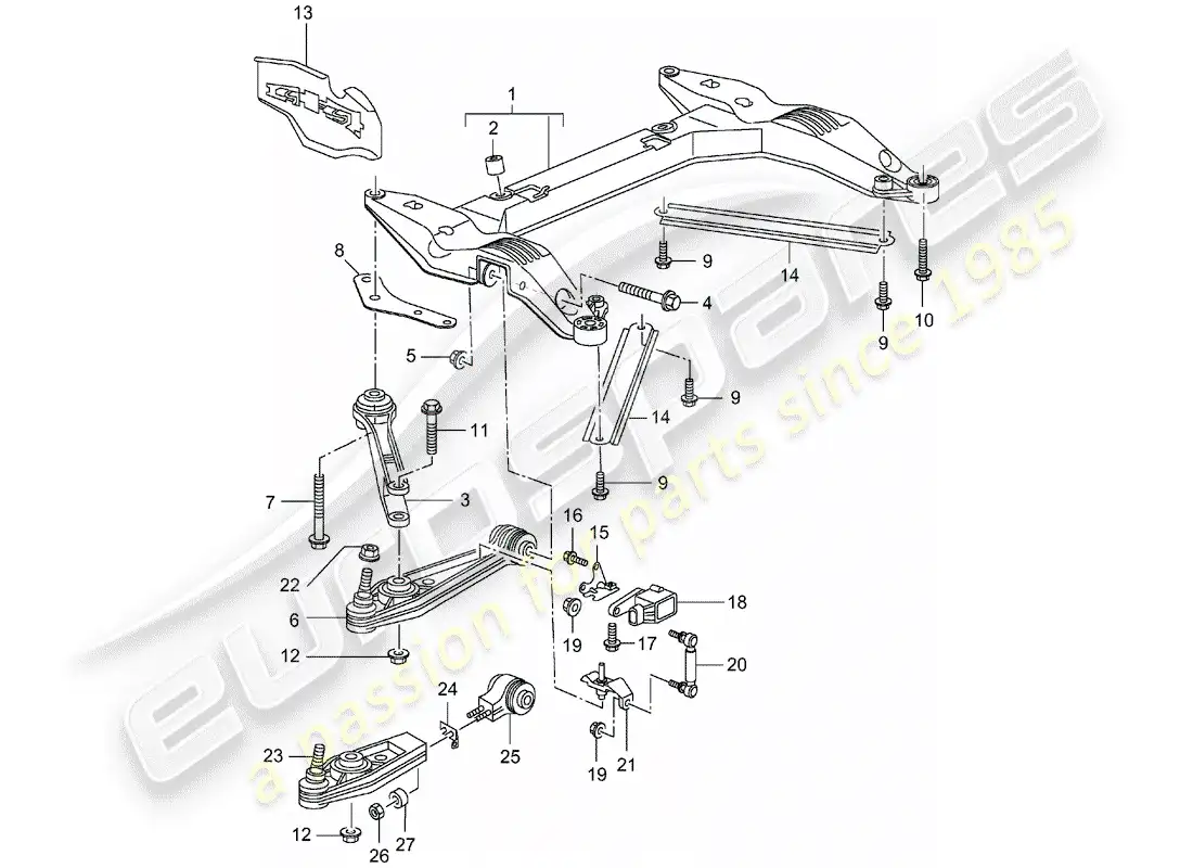 porsche 2001 (996 turbo / gt2) cross member - track control arm parts diagram