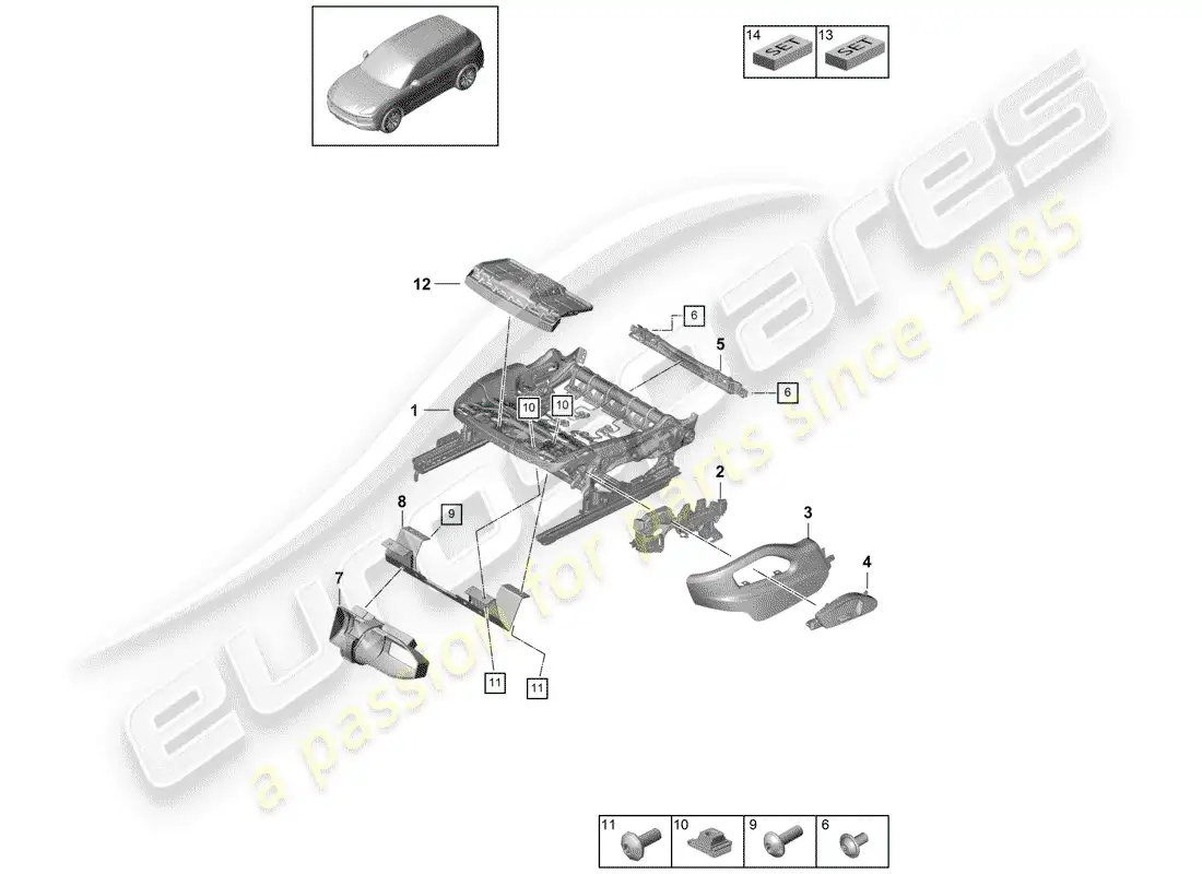 porsche 2018 (cayenne e3 9ya/9yb) seat frame parts diagram