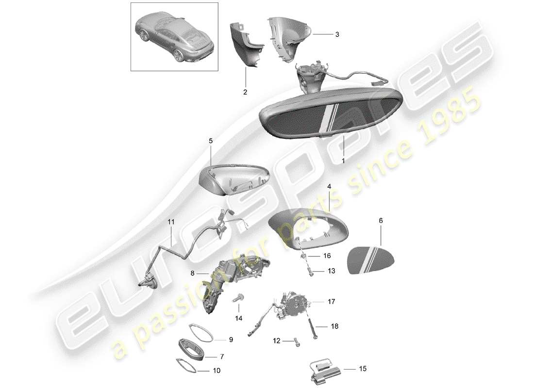 porsche 2018 (991-2 turbo) rear view mirror inner part diagram