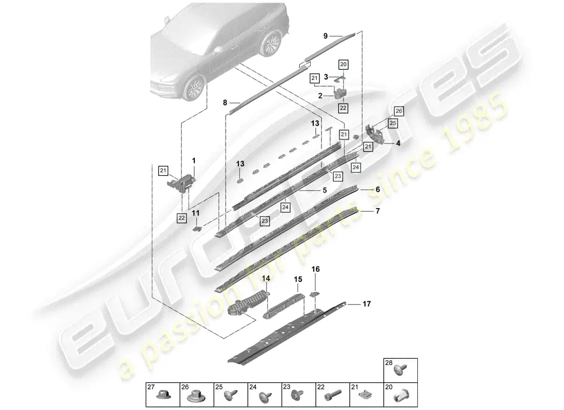 porsche 2020 (cayenne e3 9ya/9yb) side member trim part diagram