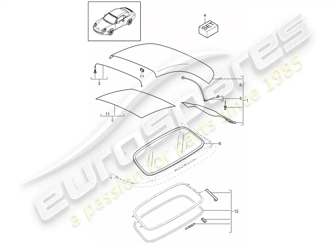 porsche 2010 (997-2) convertible top covering parts diagram