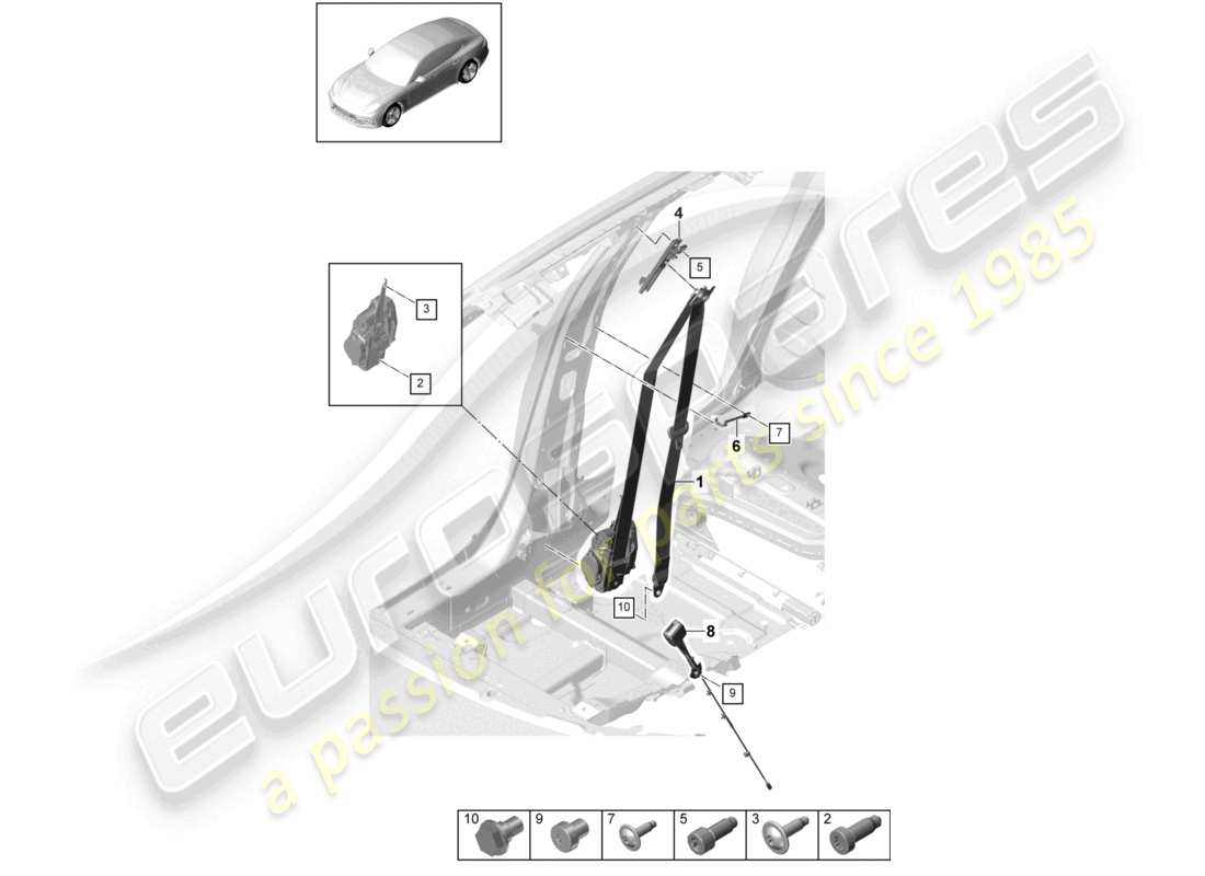 porsche 2021 (panamera 971-1) three-point safety belt front part diagram