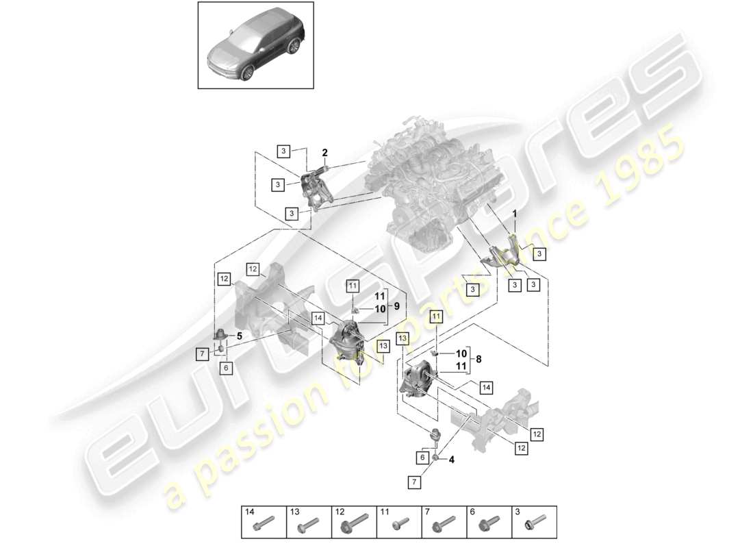 porsche 2024 (cayenne e3 9ya/9yb) engine lifting tackle lower console for engine mounting engine mounting part diagram