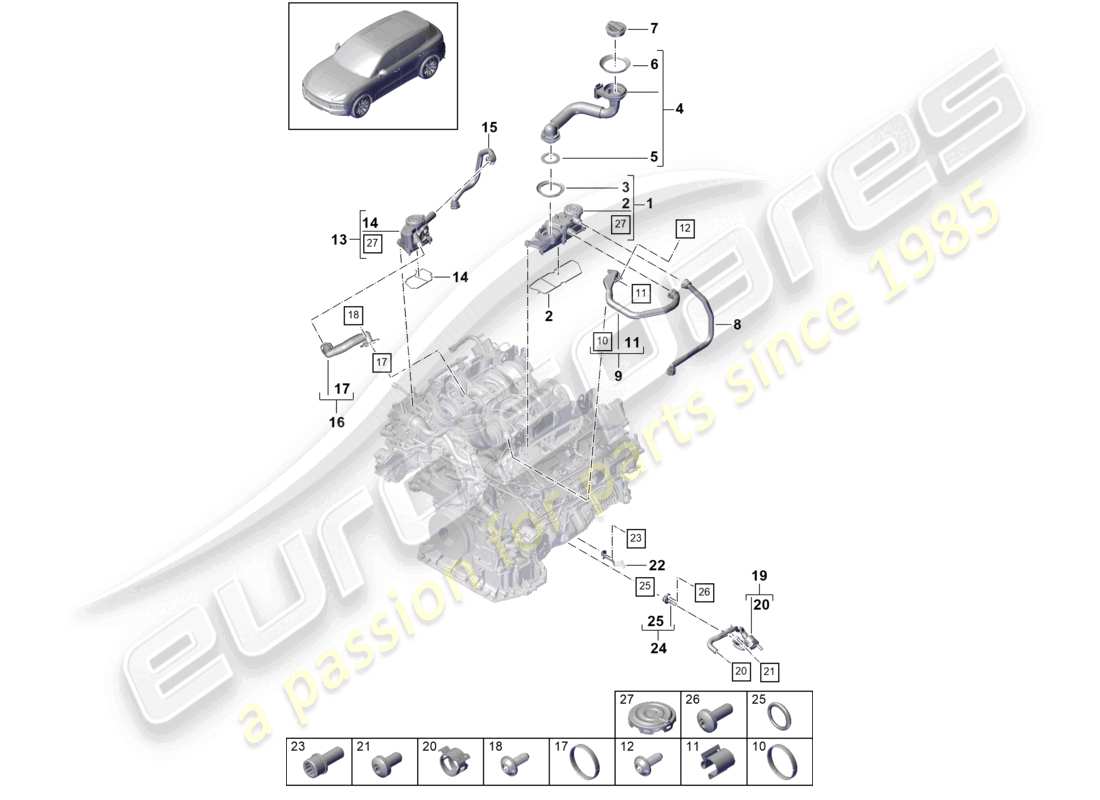 porsche 2022 (cayenne e3 9ya/9yb) ventilation for cylinder block oil separator part diagram