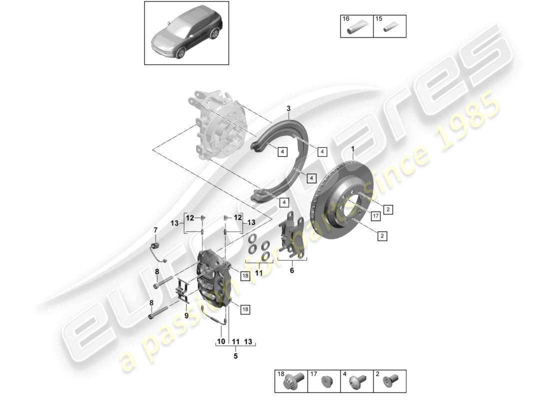 porsche 2024 (cayenne e3 9ya/9yb) disc brake 19 rear axle black/green red part diagram
