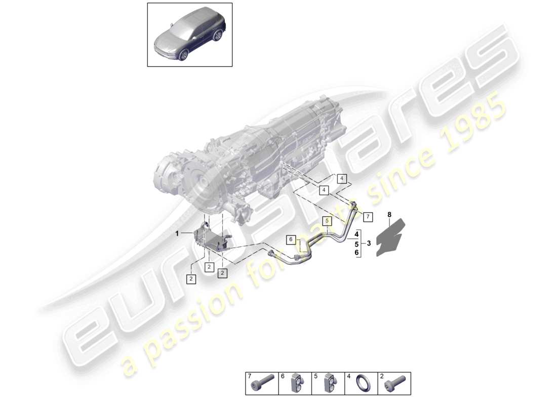 porsche 2023 (cayenne e3 9ya/9yb) 8-speed automatic gearbox for vehicles with hybrid drive gear oil cooler oil pipe part diagram