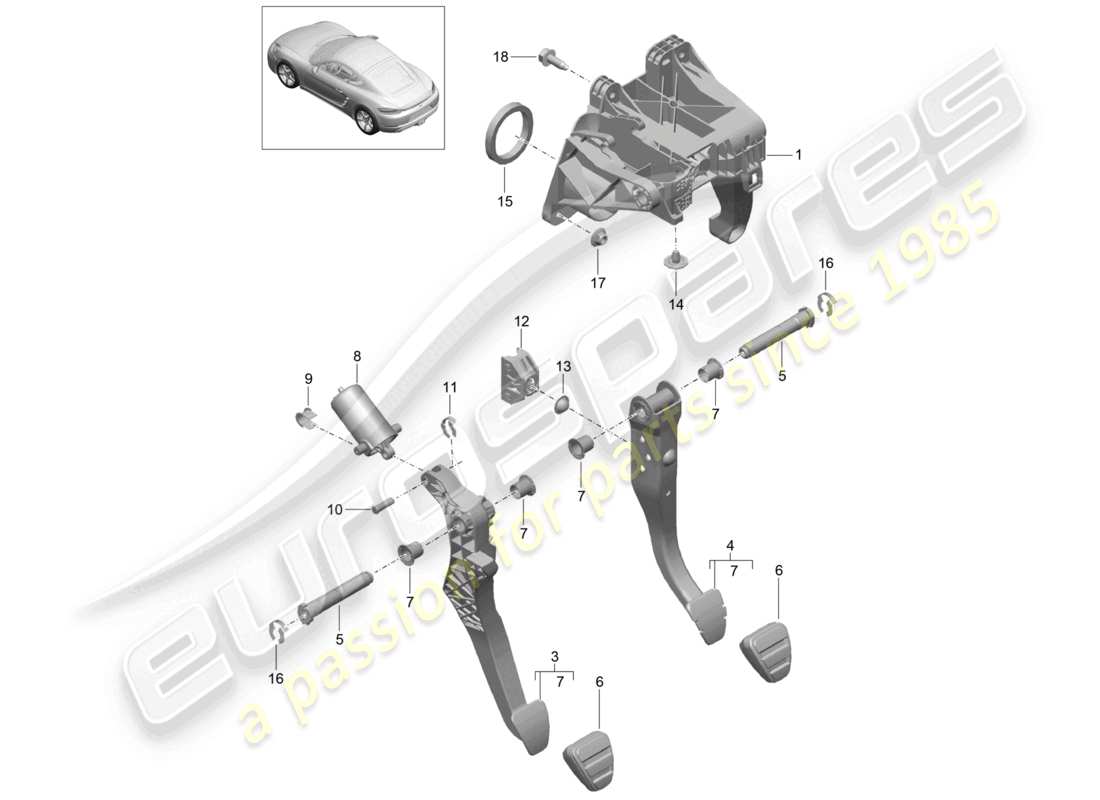 porsche 2025 (718 cayman) brake and clutch pedals cluster part diagram