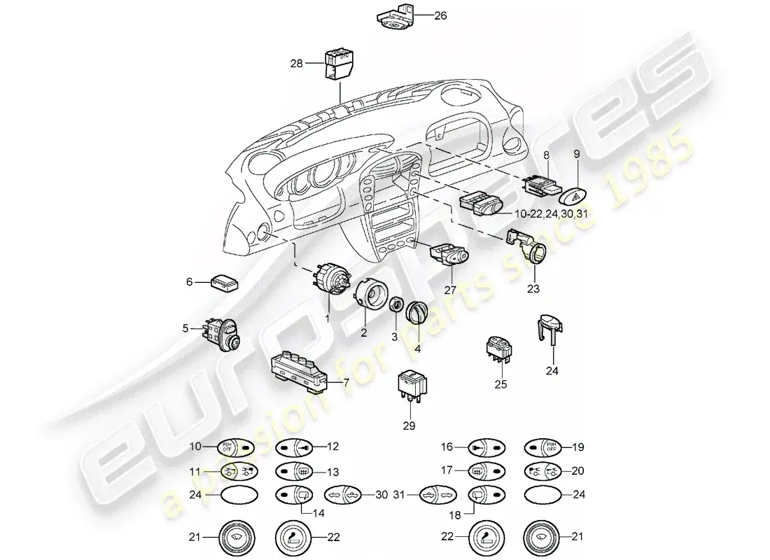 porsche 2003 (996 turbo / gt2) switch parts diagram
