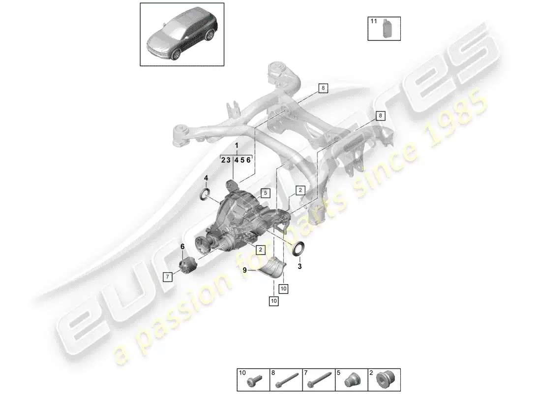 porsche 2020 (cayenne e3 9ya/9yb) rear axle differential part diagram