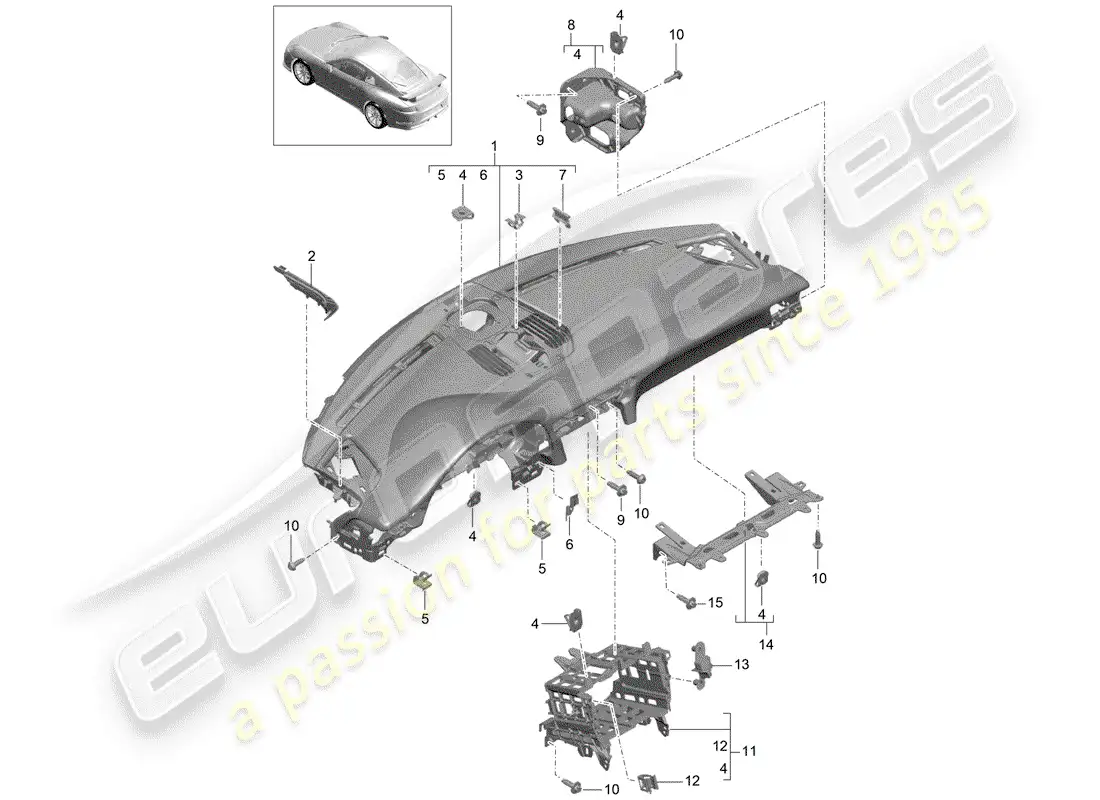 porsche 2016 (991-1 r/gt3/rs) dash panel trim parts diagram