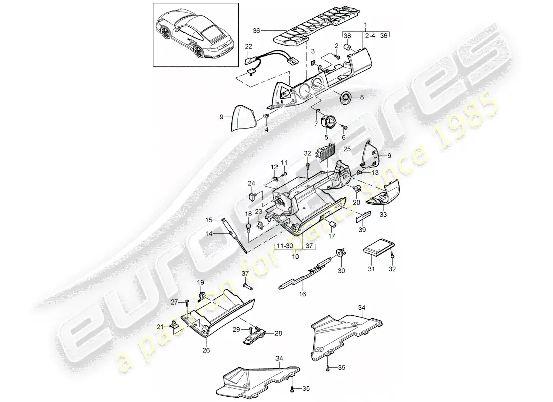 porsche 2012 (997-2 turbo / gt2 rs) glove box part diagram