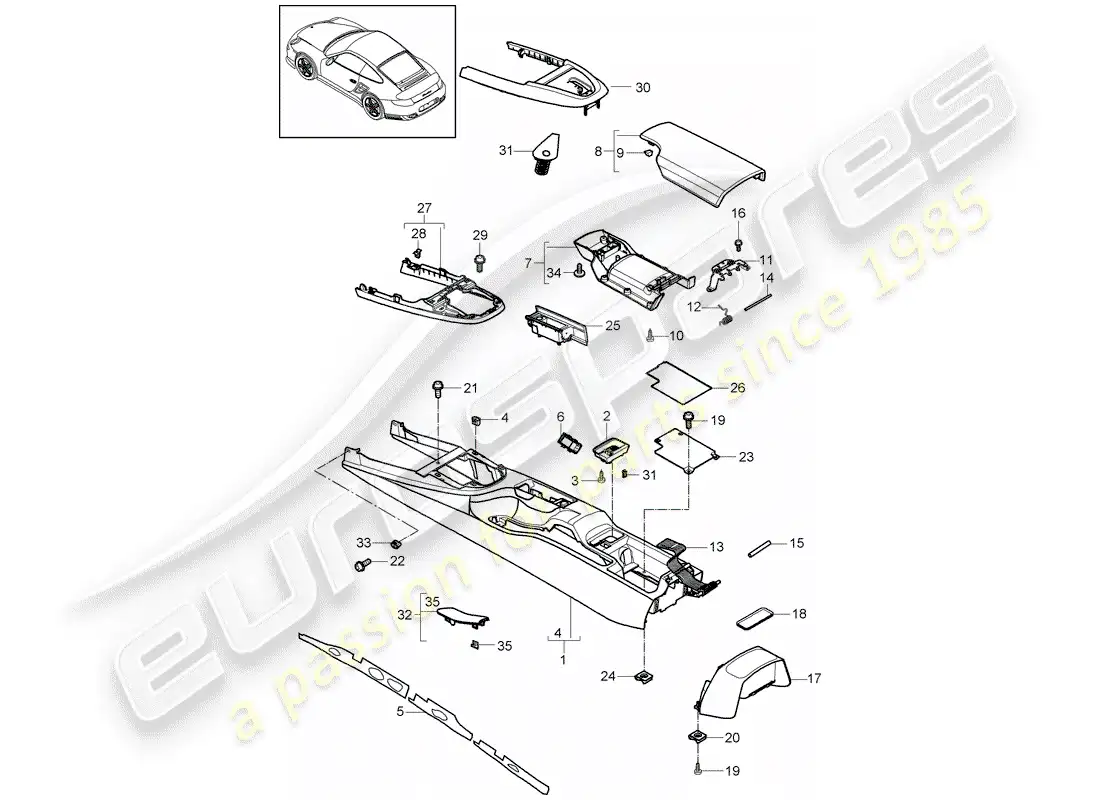 porsche 2013 (997-2 turbo / gt2 rs) center console parts diagram