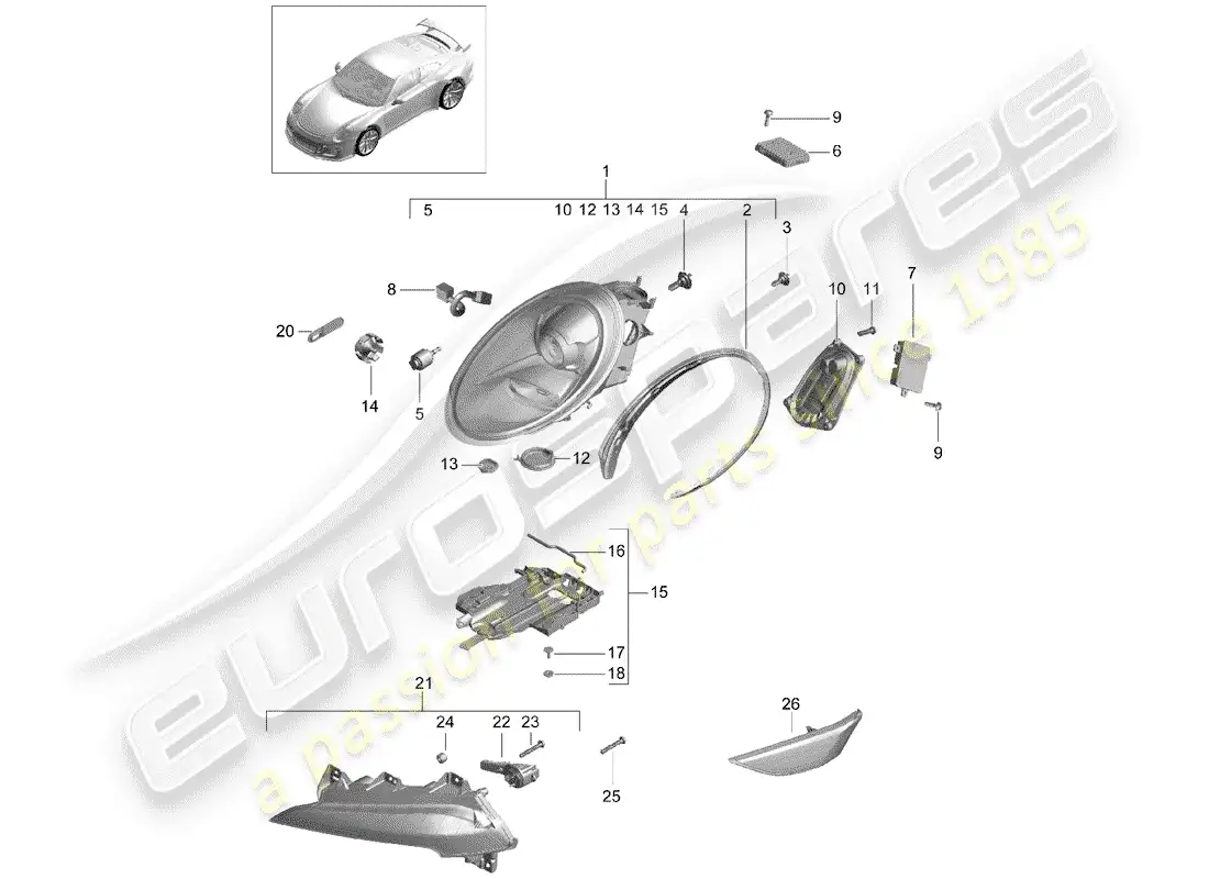 porsche 2016 (991-1 r/gt3/rs) headlamp parts diagram