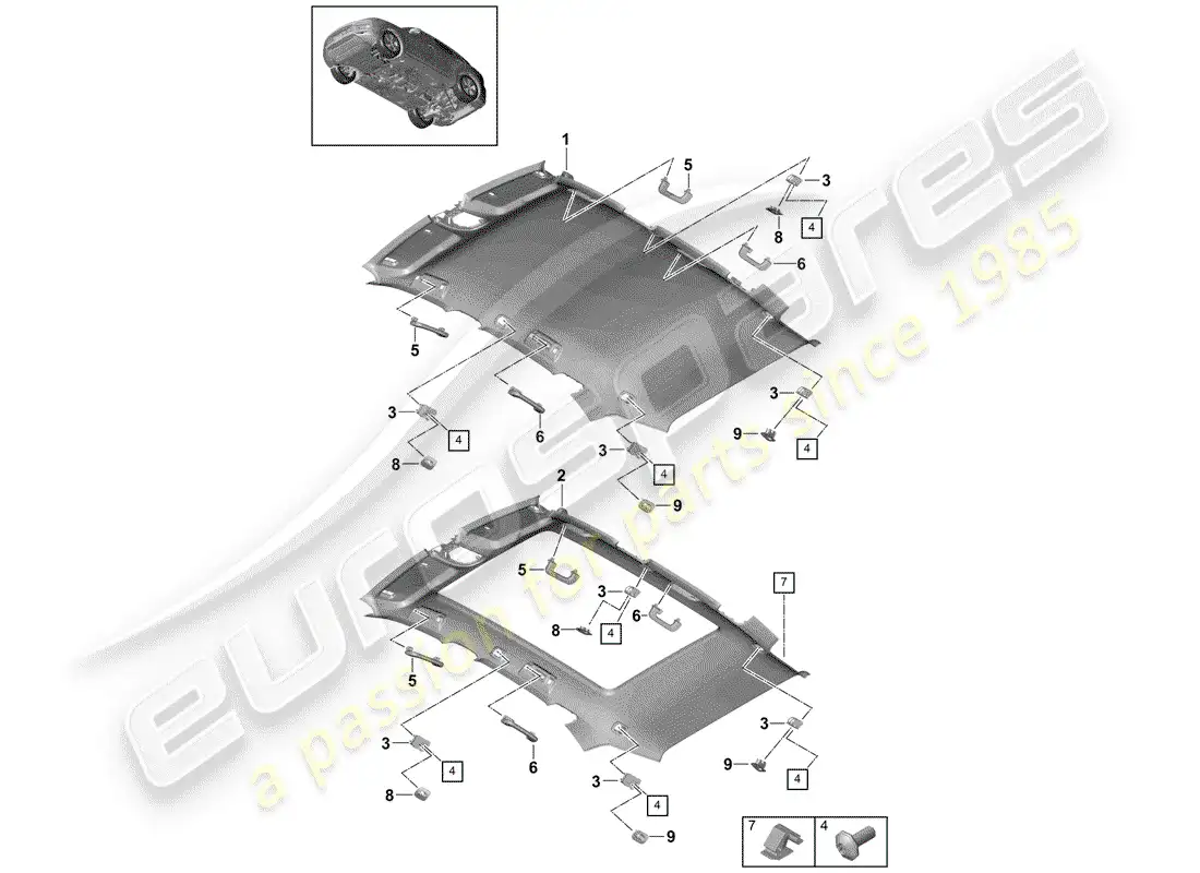 porsche 2019 (cayenne e3 9ya/9yb) roof trim panel parts diagram