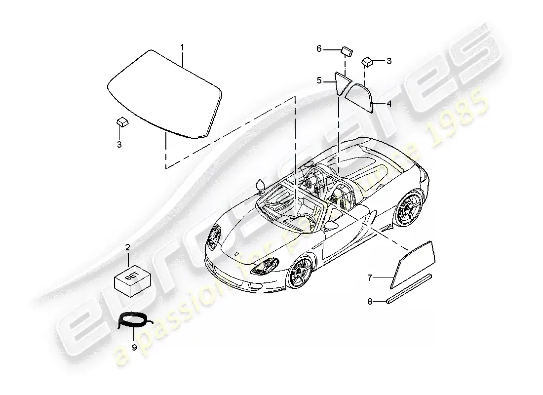 porsche 2004 (carrera gt) window glazing parts diagram