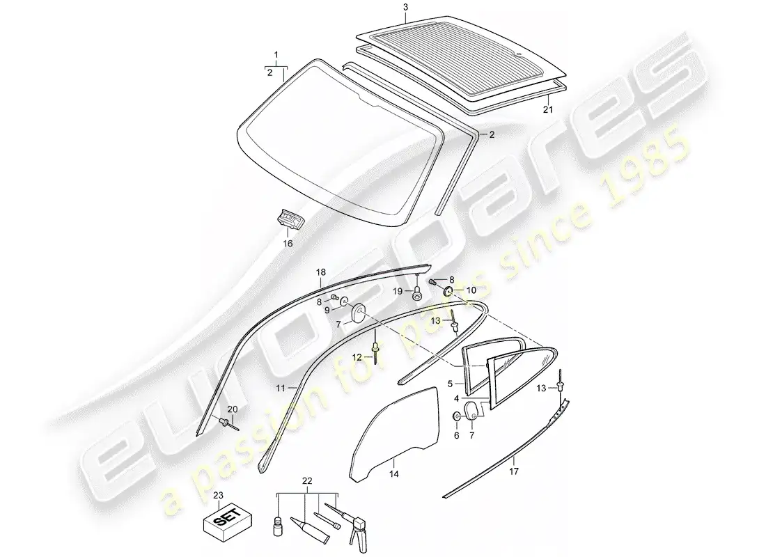 porsche 2006 (997-1) window glazing parts diagram