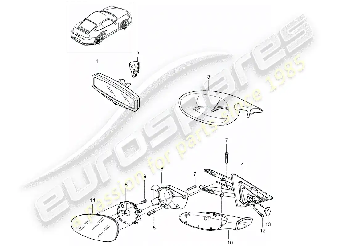 porsche 2013 (997-2 turbo / gt2 rs) rear view mirror inner parts diagram