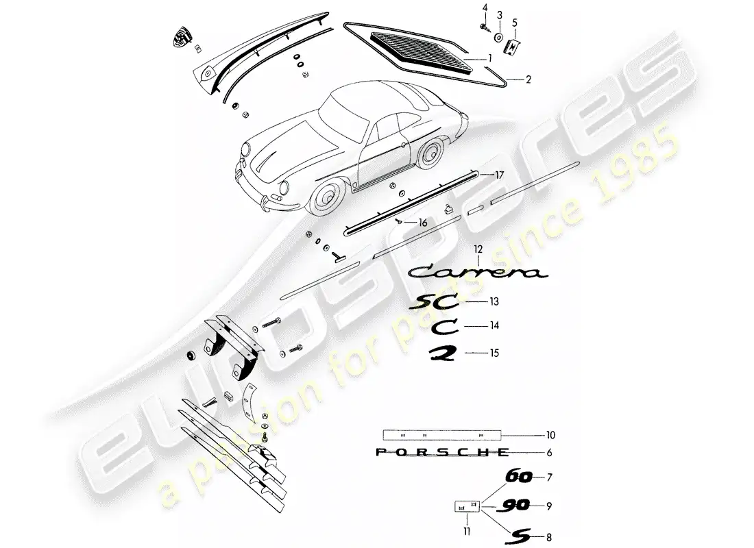 porsche 1964 (356b/356c) decorative fittings - - parts not listed - see group - 8/10/00 parts diagram
