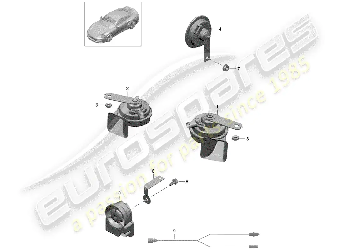 porsche 2019 (991-2 turbo) fanfare horn parts diagram