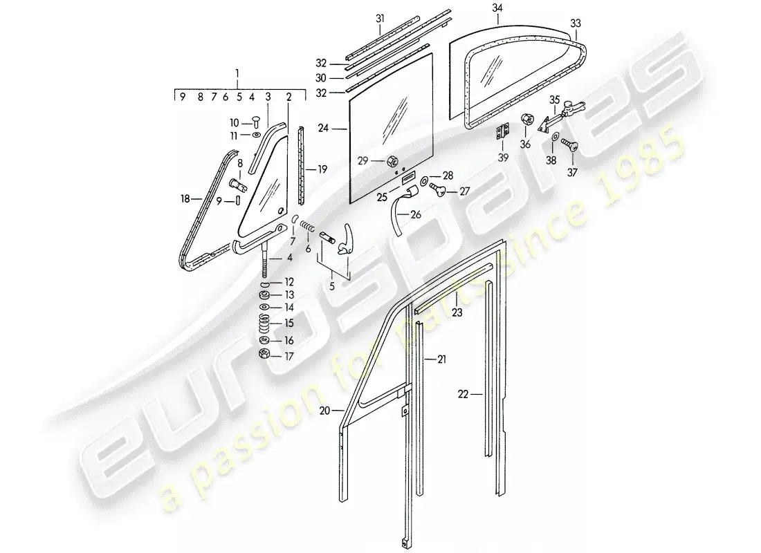 porsche 1954 (356/356a) side window - door window parts diagram