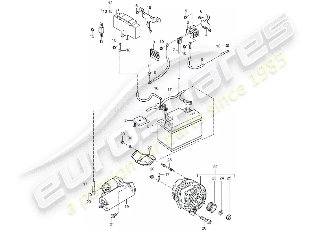 porsche 2006 (carrera gt) battery - ground distributor - junction box - starter - alternator parts diagram