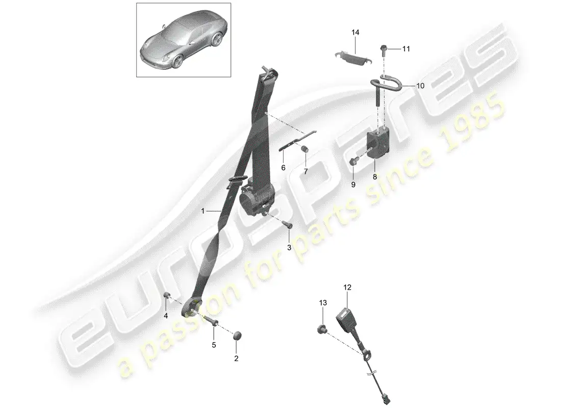 porsche 2012 (991-1) three-point seat belt parts diagram