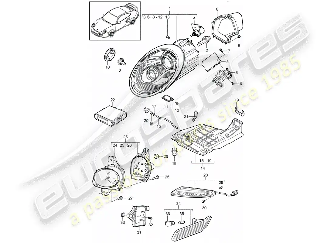 porsche 2012 (997-2 turbo / gt2 rs) headlamp parts diagram