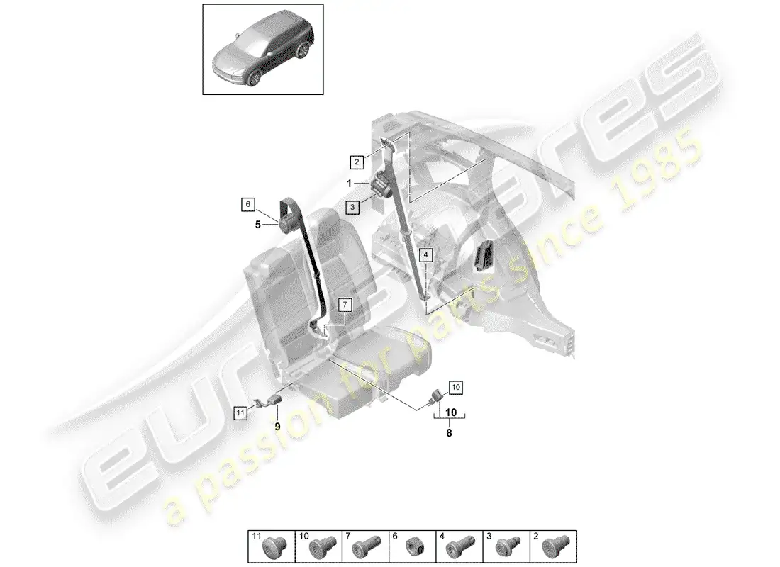 porsche 2018 (cayenne e3 9ya/9yb) three-point seat belt parts diagram