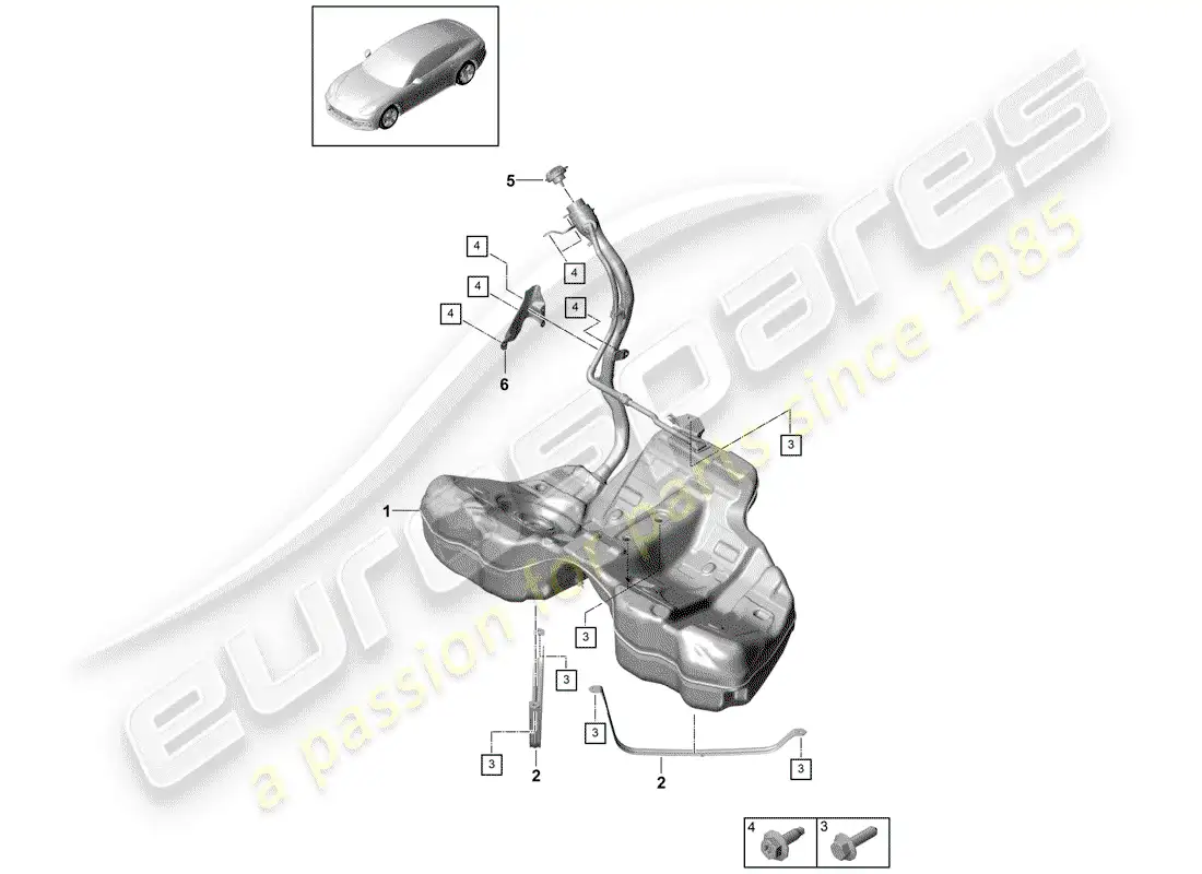 porsche 2018 (panamera 971-1) fuel tank with parts diagram
