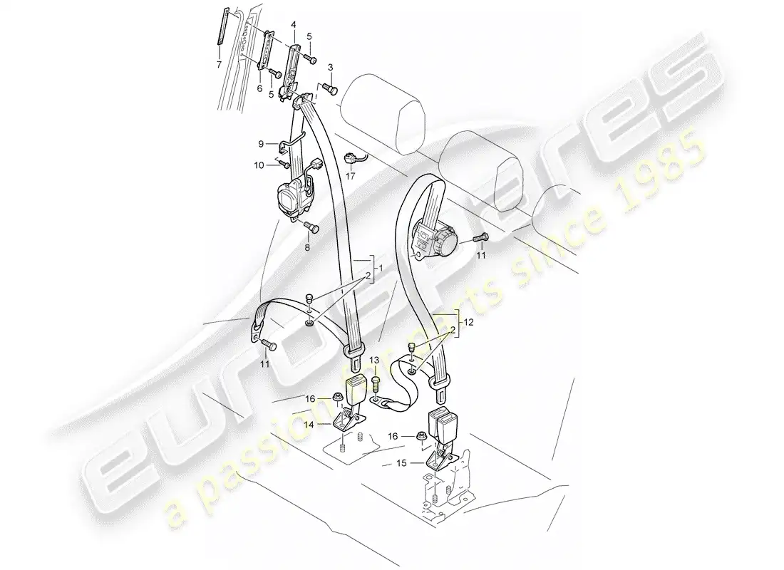 porsche 2010 (cayenne e1 9pa) seat belt parts diagram