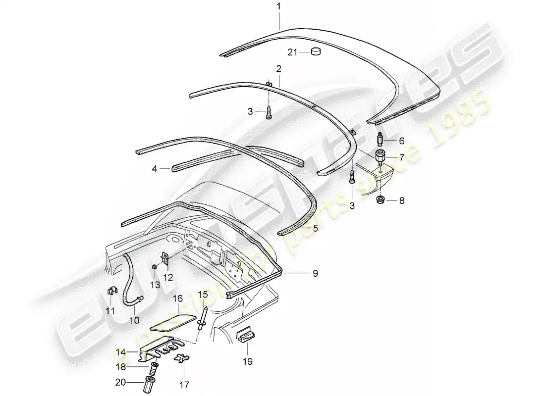 porsche 2002 (986 boxster) top stowage box - cover - gaskets parts diagram