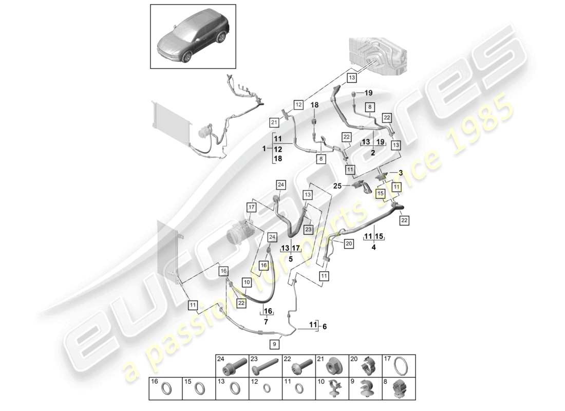 porsche 2023 (cayenne e3 9ya/9yb) air conditioning refrigerant line v6 r134a part diagram