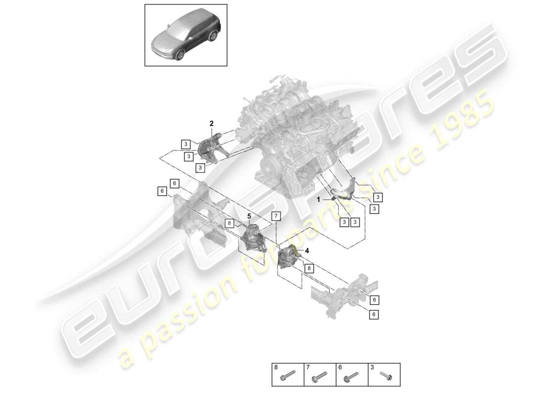 porsche 2023 (cayenne e3 9ya/9yb) engine lifting tackle lower console for engine mounting engine mounting part diagram