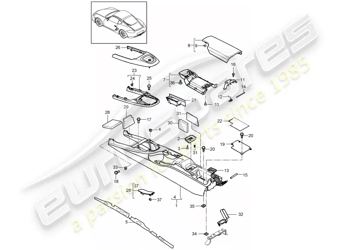 porsche 2012 (987 cayman) center console parts diagram