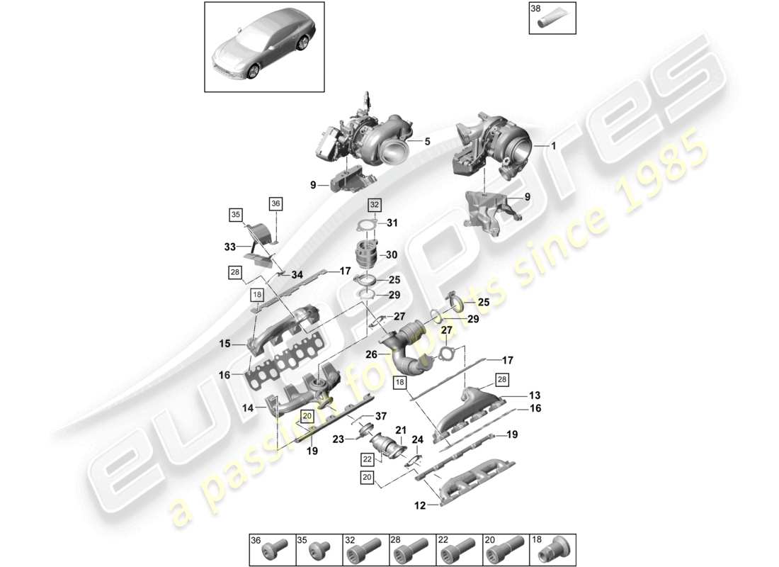 porsche 2021 (panamera 971-1) exhaust gas turbocharger exhaust manifolds part diagram